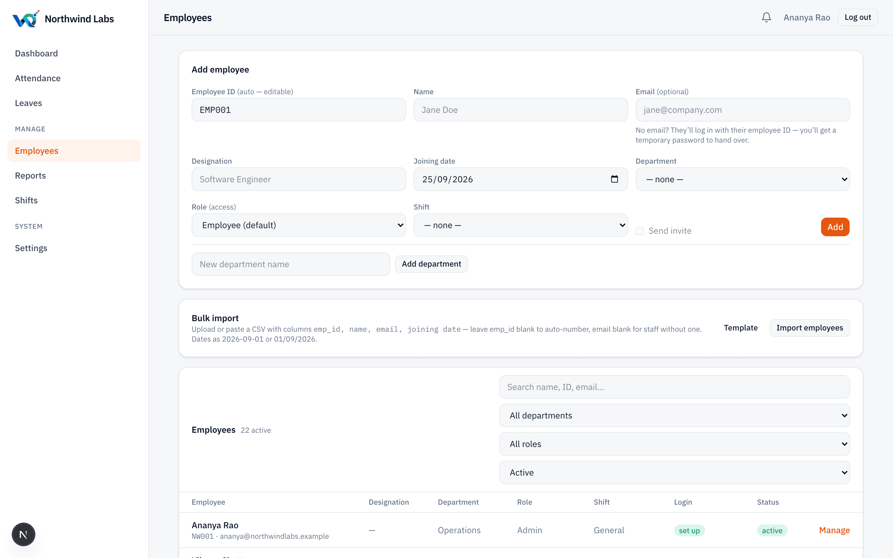A per-employee shift schedule in AMS with dated assignments