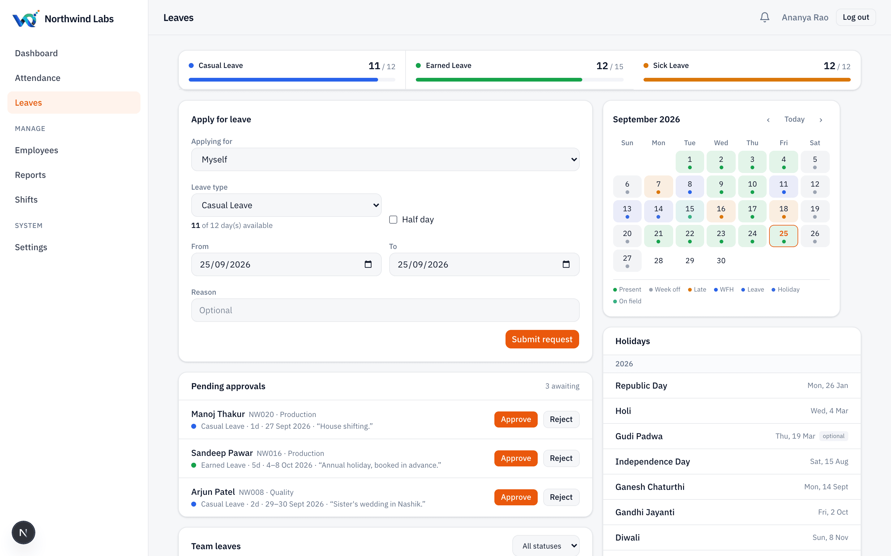 Applying for leave in AMS, with the remaining balance for that leave type shown inline